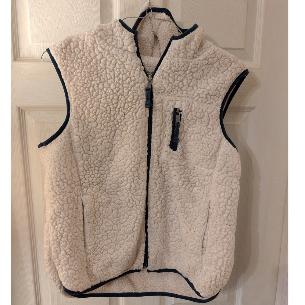 Weatherproof Vintage Mens Sherpa Fleece Hooded Vest Cream Navy Blue Size Medium